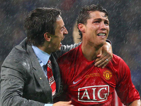 Cristiano Ronaldo crying with Gary Neville in tears, after Manchester United had just won the UEFA Champions League, in 2008