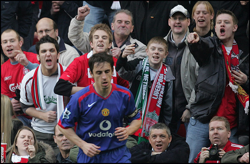Gary Neville being provoked, teased and insulted by Liverpool fans, during his time at Manchester United
