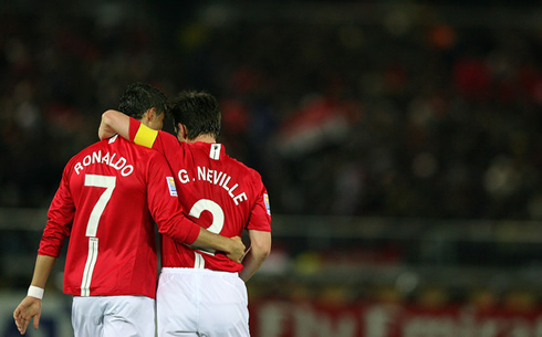 Cristiano Ronaldo hugging Gary Neville, during their Manchester United spell