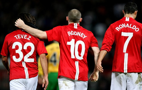 Cristiano Ronaldo, Wayne Rooney and Carlos Tevez, forming Manchester United attacking trio in 2008