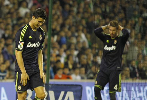 Cristiano Ronaldo and Sergio Ramos looking disappointed, after Real Madrid missed another good chance to score against Betis, in La Liga 2012-2013