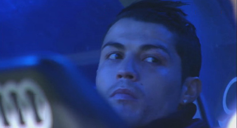 Cristiano Ronaldo looking upset in Real Madrid bench as a substitute in 2012-2013