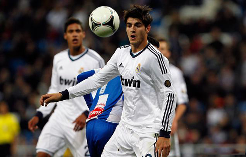 Raphael Varane and Alvaro Morata looking at the ball, in Real Madrid 3-0 Alcoyano, for the Spanish Copa del Rey in 2012-2013