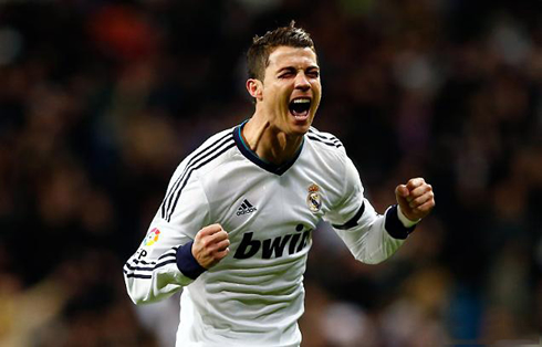 Cristiano Ronaldo happy in Real Madrid, after scoring and celebrating his goal against Atletico Madrid, in La Liga 2012-2013