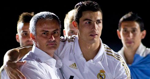 Cristiano Ronaldo and José Mourinho celebrating La Liga in 2011-2012