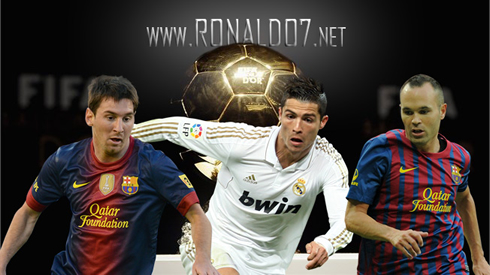 Cristiano Ronaldo, Lionel Messi and Andrés Iniesta, the FIFA Balon d'Or 2012 wallpaper