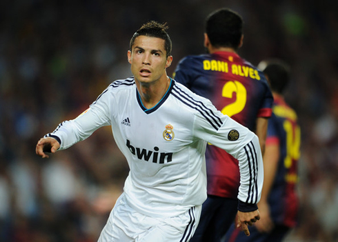 Cristiano Ronaldo turning and preparing to go celebrate a Real Madrid goal against Barcelona