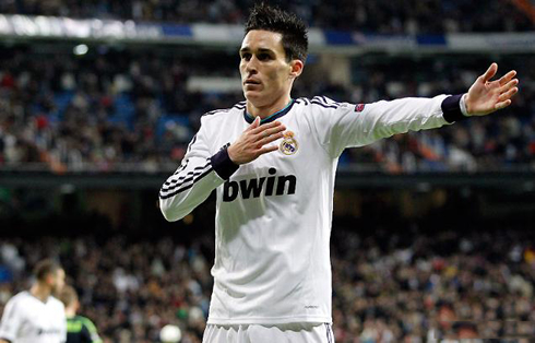 José Maria Callejón payign tribute to Real Madrid fans, after he scored a goal in the Champions League