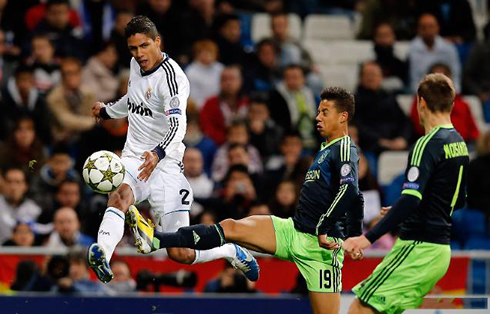 Raphael Varane attacking for Real Madrid, in a UEFA Champions League game, in 2012-2013
