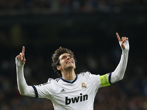 Ricardo Kaká joy and happiness, thanking God and pointing to the sky after ascoring for Real Madrid, in Champions League 2012-2013