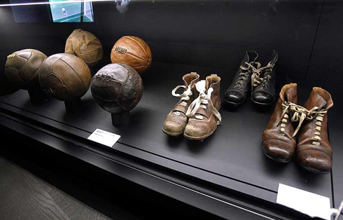 Real Madrid old and classic footballs, boots and equipment, displayed at the Santiago Bernabéu tour galleries
