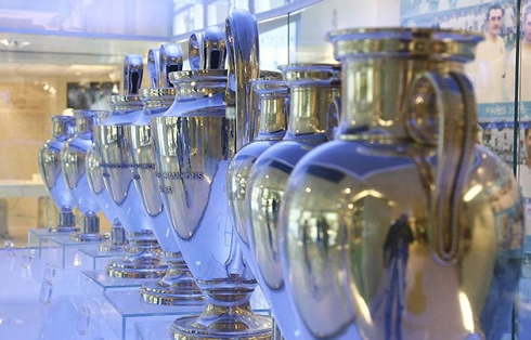 Real Madrid trophy room, showing the 9 UEFA Champions League trophies waiting for the 10th