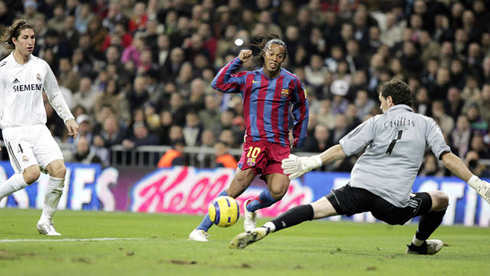 Ronaldinho beating Iker Casillas, in Real Madrid vs Barcelona in El Clasico of 2005, with the Santiago Bernabéu fans making a standing ovation