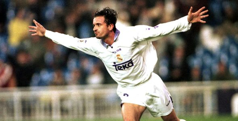 Pedrag Mijatovic celebrating goal, after having scored for Real Madrid, during his prime