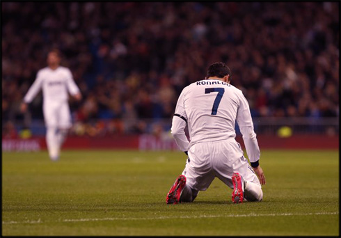 Cristiano Ronaldo devasted and powerless on his knees during a game for Real Madrid, almost about to give up on the Spanish League 2012-2013