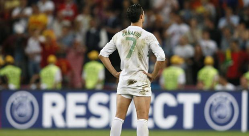 Cristiano Ronaldo disappointment after Portugal vs Spain penalty kicks shootout, pulling his shorts up, at the EURO 2012