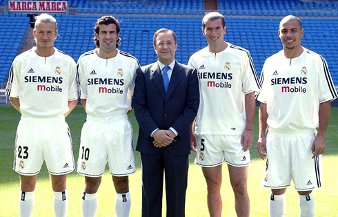 Florentino Pérez with Real Madrid Galacticos, between 2000 and 2003, David Beckham, Luís Figo, Zinedine Zidane and Ronaldo