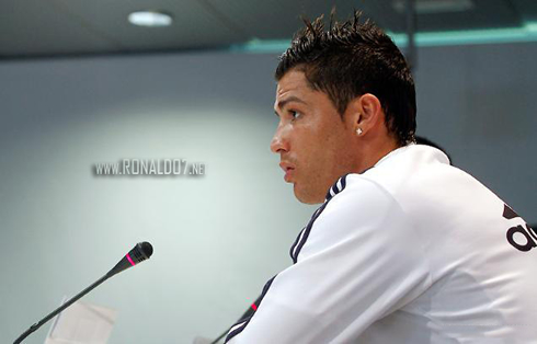Cristiano Ronaldo attending a Real Madrid press conference, at the Santiago Bernabéu