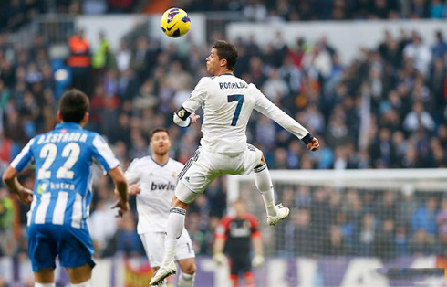 Cristiano Ronaldo hanging in the air, after a great jump in Real Madrid vs Real Sociedad, in 2013