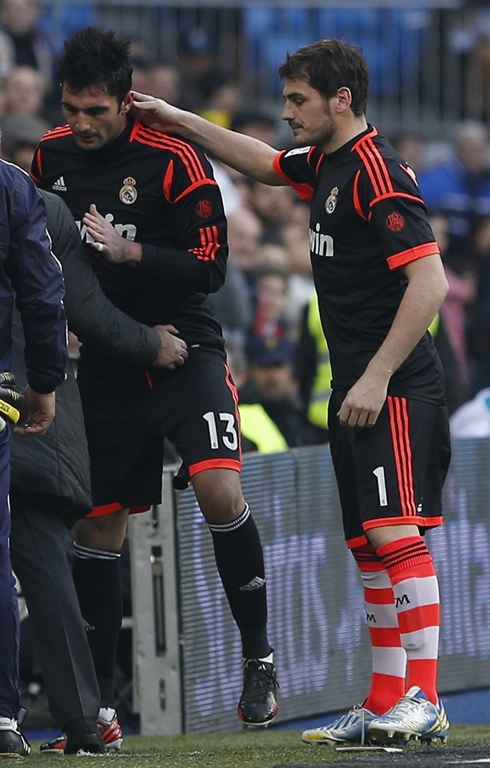 Iker Casillas comforting Adán, after he was sent off from a direct red card, in Real Madrid vs Real Sociedad, for La Liga 2012-2013