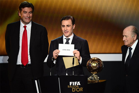 Fabio Cannavaro announcing Lionel Messi's name, as the FIFA Balon d'Or 2012 winner