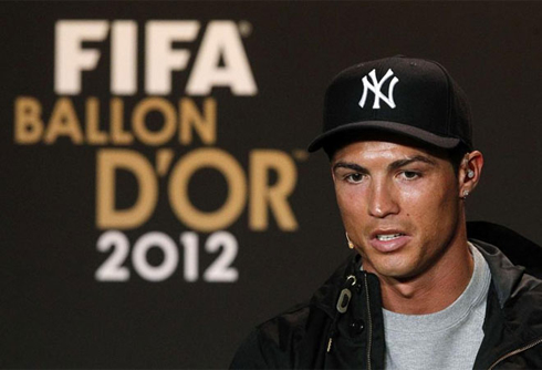 Cristiano Ronaldo fashion style, with a New York Yankees cap, at the FIFA Balon d'Or 2012 gala