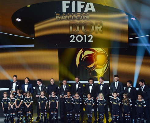 Cristiano Ronaldo in the FIFA/FIFPro World XI team photo, at the Balon d'Or 2012 ceremony