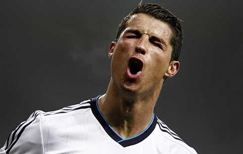 Cristiano Ronaldo face of joy, during the celebrations of his hat-trick for Real Madrid, against Celta de Vigo