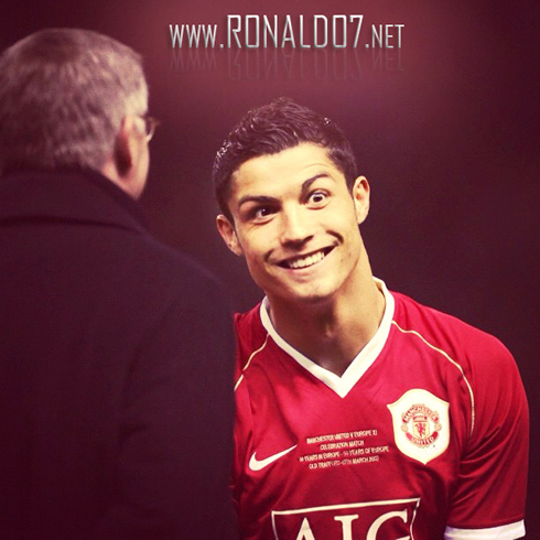 Cristiano Ronaldo making a silly and funny face in front of Sir Alex Ferguson, in Manchester United