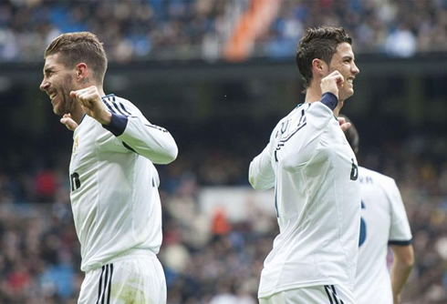 Cristiano Ronaldo and Sergio Ramos funny goal celebration in Real Madrid vs Getafe, for La Liga 2013