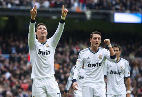 Cristiano Ronaldo, Mesut Ozil and Angel Di María, in Real Madrid goal celebrations in La Liga 2013