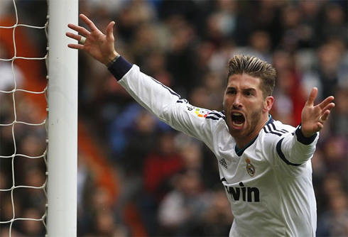 Sergio Ramos screaming of joy, after scoring a goal for Real Madrid, in 2013