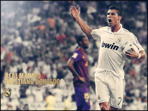 Cristiano Ronaldo scoring and celebrating a goal, in Real Madrid vs Barcelona, wallpaper