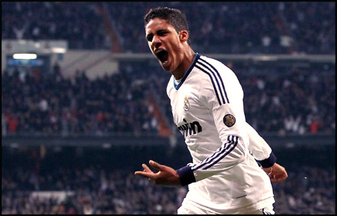 Rapahel Varane celebrating goal in Real Madrid 1-1 Barcelona, for the Copa del Rey 2013