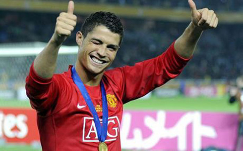 Cristiano Ronaldo blinking one eye, after winning the UEFA Champions League in 2008, with Manchester United