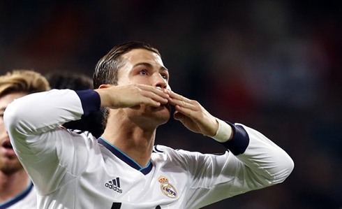Cristiano Ronaldo sending out kisses to Real Madrid fans at the Santiago Bernabéu, in February 2013