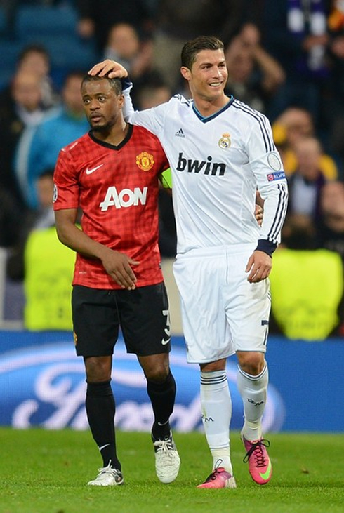 Cristiano Ronaldo joking with Patrice Evra, after scoring Real Madrid goal against Manchester United, in 2013