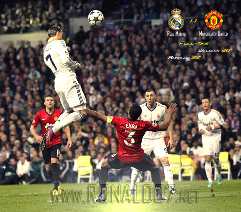 Cristiano Ronaldo rising high to score from an header, in Real Madrid vs Manchester United, for the Champions League first leg, in 2013