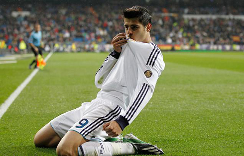 Alvaro Morata celebrating his first goal scored for Real Madrid in 2013