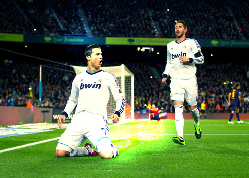 Cristiano Ronaldo sliding knee goal celebration, in Barcelona 1-3 Real Madrid, at the Camp Nou, in 2013