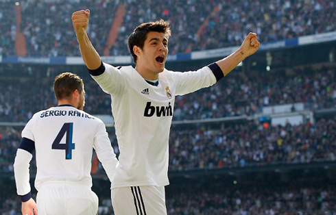 Álvaro Morata showing his joy and happiness, after Real Madrid goal against Barcelona, in 2013