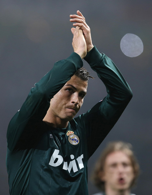 Cristiano Ronaldo applauding Manchester United fans in the stands, after receiving an ovation at Old Trafford, in 2013