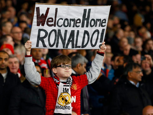 Manchester United fans showing support messages to Ronaldo, at the Old Trafford game between Man Utd and Real Madrid