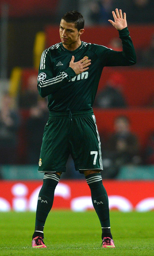 Cristiano Ronaldo thanking Manchester United fans as they chant his name at Old Trafford, in Manchester United vs Real Madrid, in 2013