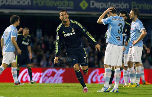 Cristiano Ronaldo running free, as he celebrates Real Madrid goal in a game against Celta de Vigo, in 2013