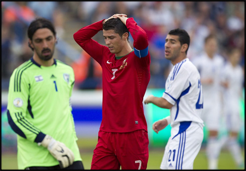 Cristiano Ronaldo showing his despair and frustration in Israel 3-3 Portugal, for the FIFA World Cup 2014 qualifying stage