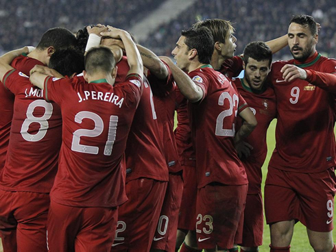 The Portuguese National Team players celebrating the win against Azerbaijan, in the FIFA 2014 World Cup qualifying stage