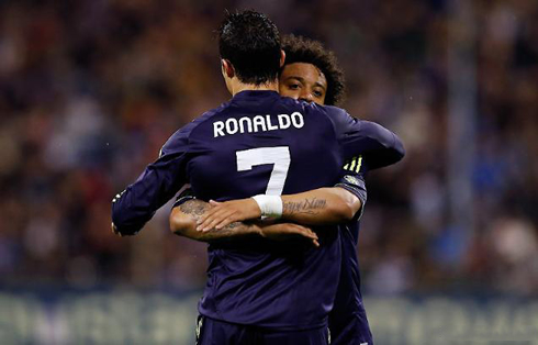 Cristiano Ronaldo hugging Marcelo, in Real Madrid 2013