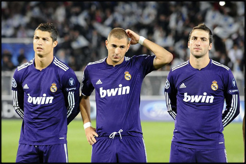 Real Madrid attacking trio in purple, Ronaldo, Benzema and Higuaín, in 2013