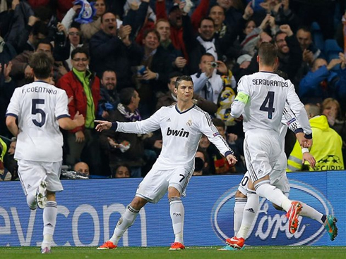 Cristiano Ronaldo celebrating Real Madrid goal, with Fábio Coentrão and Sérgio Ramos, in 2013